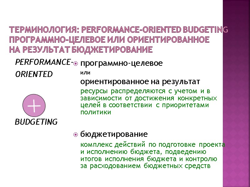 Терминология: performance-oriented budgeting  программно-целевое или ориентированное  на результат бюджетирование  PERFORMANCE- ORIENTED